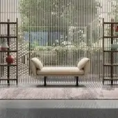 Refined Borzalino Connor Bench ottoman with full padding and a sleek sled base in dark-toned metal finish
