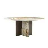 Distinguished Zanaboni Kalos table with a broadly oval tabletop exhibiting golden-yellow and creamy-white veining in polished marble and dark wood