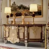 Distinguished Armando Rho A1426 sideboard crafted in rosewood and sycomore frisée with brass inlays and luminous gold leaf ornamentation
