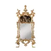 Lavish Armando Rho A1378 mirror handcrafted with gold leaf and ebony exhibiting intricate chinoiserie paintings