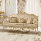 Lavish Modenese Imperial Majesty sofa upholstered in patterned damask textile with ivory wood and gold leaf accents