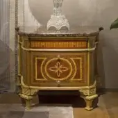 Distinguished Provasi 1305-2 nightstand crafted with solid wood and lavish brass detailing in a warm medium-brown tone with a polished marble top