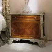 Lavish Provasi 2925-2 nightstand crafted in reddish-brown wood with glossy inlaid surfaces, luminous brass accents and a striking marble top