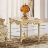 Superior Modenese Imperial Majesty side table with Honey Onyx top and intricately carved creamy-white wooden legs finished with gilded details