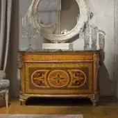 Superior Provasi 1305 dresser crafted with noble woods, brass details and lustrous marble surface in a warm brown finish