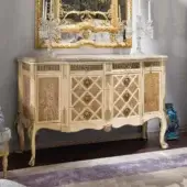 Exceptional Provasi 1505 dresser crafted in maple with a creamy off-white finish and gilded metal accents, topped with marble