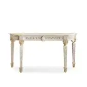 Distinguished Provasi 2002 console crafted in Italy with white and gold leaf finish, floral carvings, and grey veined marble surface