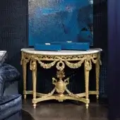 Superior Provasi 2822 console built with wood, white marble, and gold finish displaying sculpted floral motifs