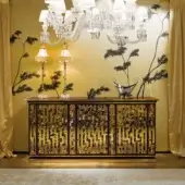 Distinguished Provasi 1402 sideboard crafted in Italy with glossy gold metallic overlay and Ebony wood