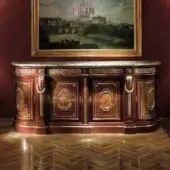 Distinguished Provasi 2802 sideboard crafted in noble mahogany with a glossy reddish-brown finish and ornate gilded accents