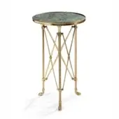 Distinguished Provasi 0573 side table with slender brass structure and mottled green grey marble top in luminous golden finish