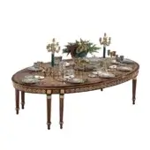Exquisite Armando Rho A1311 table crafted in satinwood, yew wood, and amaranth with a glossy amboyna burl and luminous mother of pearl inlay