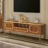 Exceptional Modenese Timeless Grace TV stand crafted in wood with warm finish and delicate gold accents