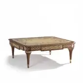 Distinguished Armando Rho A1262 coffee table crafted with mahogany, ash burl and brass veneer inlays with satin finish