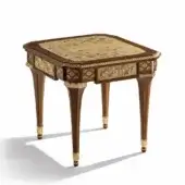 Distinguished Armando Rho A1263 side table with mahogany and ash burl wood, showcasing marquetry details and gilded metal accents