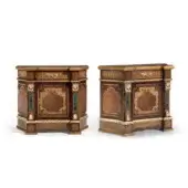 Distinguished Armando Rho A1324 nightstand with walnut Persian burl, satinwood and madrona burl finish plus malachite inserts
