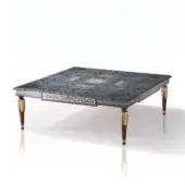 Distinguished Armando Rho A1247 coffee table with solid walnut foundation and blue wood veneer, showcasing aluminum inlays and a glossy finish