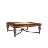 Distinguished Armando Rho A1146 coffee table crafted in bois de rose and walnut burl with glossy finish and luminous mother of pearl