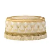 Cream and gold damask fabric, gold trimming, cream fringes