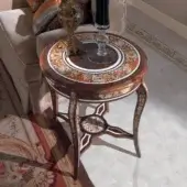 Distinguished Armando Rho A1185 side table crafted in walnut Persian burl wood with intricate marquetry and glossy sheen