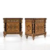 Superior Armando Rho A1189 nightstand crafted in satinwood, walnut Persian burl and ebony with glossy finish