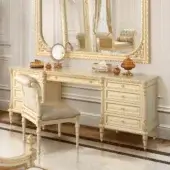 Lavish Modenese Golden Radiance vanity with pale cream finish and extensive gold detailing crafted with ornate floral carvings