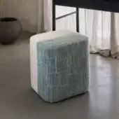 Exceptional Carpanese Home Rocha ottoman crafted with muted blue-green striped textile and a contrasting beige base band