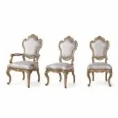 Distinguished Armando Rho A1343 & A1344 chair with cherry wood frame and light grey textile upholstery crafted with gold leaf accents