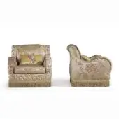 Distinguished Armando Rho A1295 lounge chair with rich green velvet upholstery and gold floral textile cushions crafted by Italian artisans