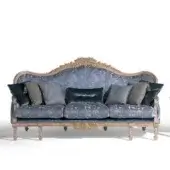 Lavish Armando Rho A1315 sofa crafted in muted blue floral textile with meticulously carved wood and opulent gold leaf finish