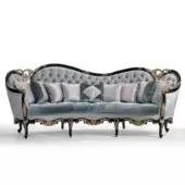 Lavish Armando Rho A1383 sofa with light grey quilted textile, teal cushions and black distressed wood with antique silver leaf detailing