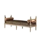 Distinguished Armando Rho A1281 bench with natural oak and silver leaf accents upholstered in bold leopard print with gold trim