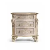Distinguished Armando Rho A1332 nightstand crafted in oak wood with grey finish and ornate gold floral decorations with creamy white marble top