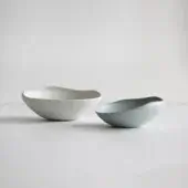 Exclusive Rina Menardi Conchiglie centerpiece crafted from baked clay in grayish-blue with a smooth matte finish