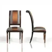 Distinguished Armando Rho 1175 chair with maple wood and ebony accents, upholstered in two-tone brown and gray textile with gold-toned legs