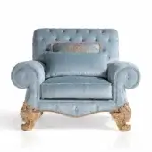 Distinguished Armando Rho A1233 lounge chair with muted blue textile and glossy gold-finished ornate wood frame