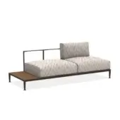 Exclusive Giorgetti Gea sofa with carob aluminum frame and geometric gray beige textile upholstery with satin wooden slat extension