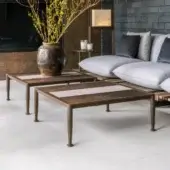 Sophisticated Giorgetti Gea coffee table with carob powder-coated aluminum and Stone Oak tabletop inlaid with lighter-toned wood strips