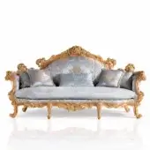 Lavish Armando Rho A1225 sofa with pale blue patterned textile and natural oak wood finished with gold leaf accents