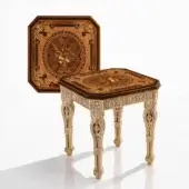 Distinguished Armando Rho A1211 side table handcrafted with crotch walnut and bois de rose veneers with luminous gold leaf finish