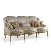 Exquisite Armando Rho A1177 sofa crafted in Italy with pale green and cream textile, gold leaf accented natural oak wood frame
