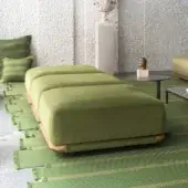 Exceptional Giorgetti Moorea ottoman with muted olive green velvet upholstery and painted Teak inserts crafted in pewter stainless steel