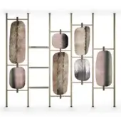 Brushed burnished brass structure + Dark brushed burnished brass fasteners + Elements & Shelves in tempered glass Langhe family finishes