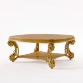 Distinguished Riva Mobili D'Arte 22174 coffee table with golden wood and intricately carved, ornate detailing in contrasting tones