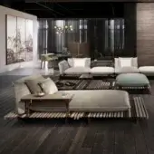 Superior Giorgetti Apsara chaise lounge with carob powder-coated aluminum, Afrormosia wooden slats and textured grey-green waterproof fabric upholstery