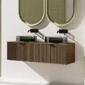 Elegant Norah Design ISBA 01 washbasin with reeded panels in medium-toned brown and luminous Norahcrystal basins with satin finish