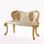 Distinguished Riva Mobili D'Arte 22030 bench crafted with ornate gilded wood and cream floral textile upholstery with a glossy finish