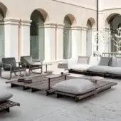 Sophisticated Giorgetti Apsara coffee table crafted with carob aluminum and Afrormosia wood slats in dark gray tones