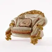 Distinguished Riva Mobili D'Arte 22161 lounge chair crafted with glossy golden wood and beige gold patterned upholstery with textured cushions
