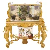 Superior Riva Mobili D'Arte 22001 fish tank built in clear glass with a high-gloss, gold-colored, hand-carved solid wood frame